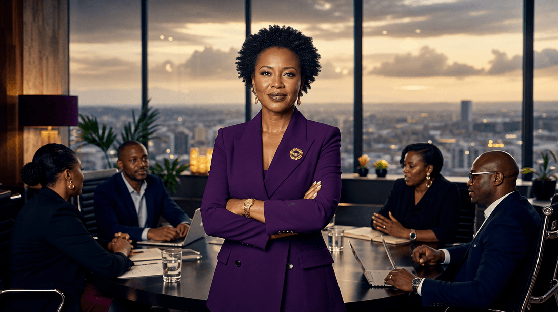 An African woman leads a diverse executive team meeting.