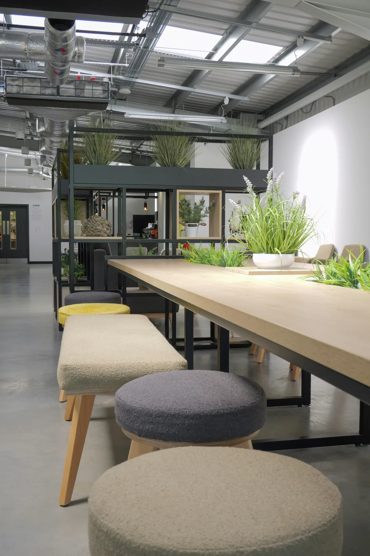 A calm, plant-filled workplace lounge with communal seating.